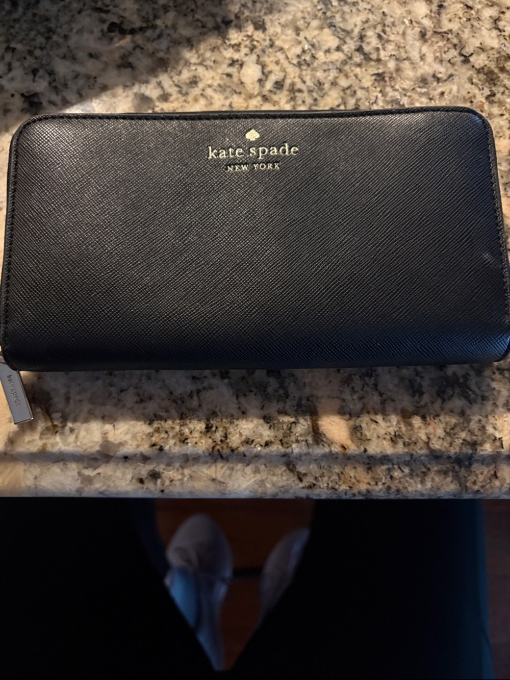 kate spade Black Zip-Around Saffiano Wallet with Gold Logo